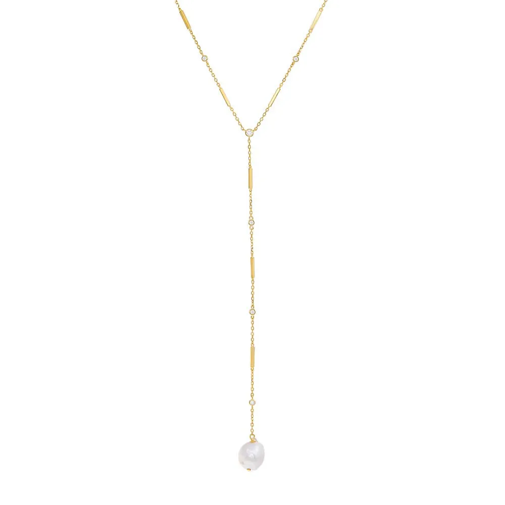 Bezel X Bar Chain Pearl Lariat sold by Adina Eden's