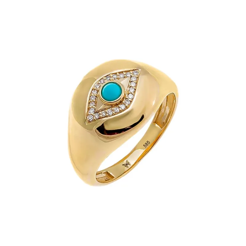 Diamond Evil Eye X Turquoise Signet Pinky Ring 14K sold by Adina Eden's