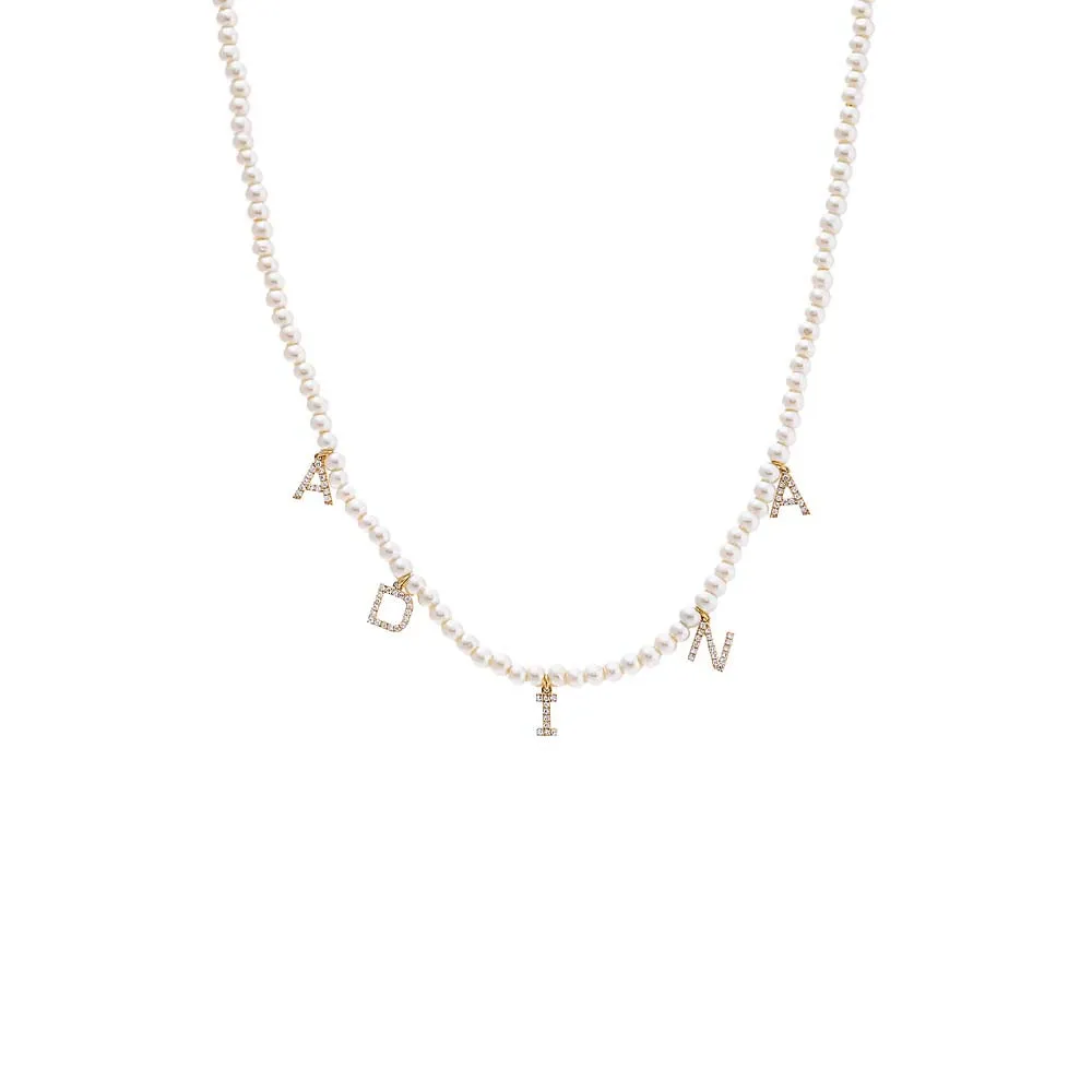 Diamond Pave Dangling Name Pearl Necklace 14K sold by Adina Eden's