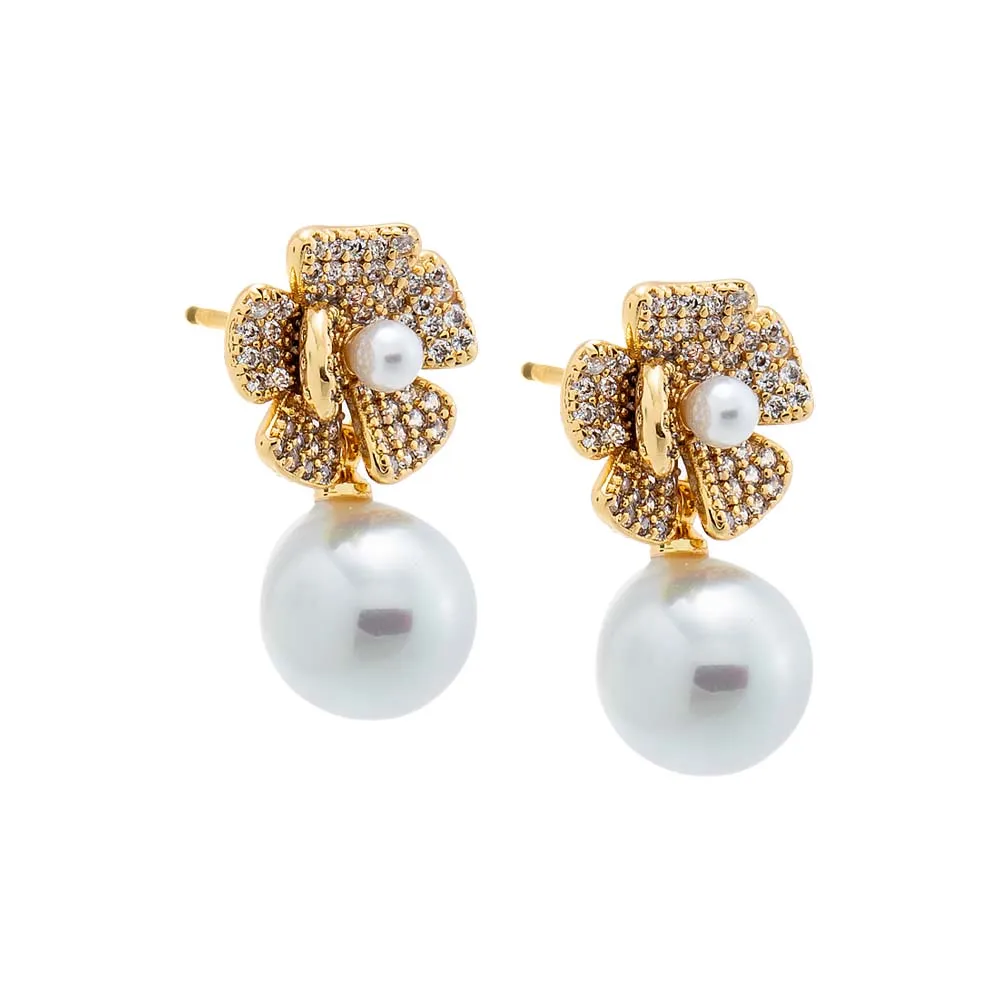 Pave Dangling Flower Pearl Stud Earring sold by Adina Eden's