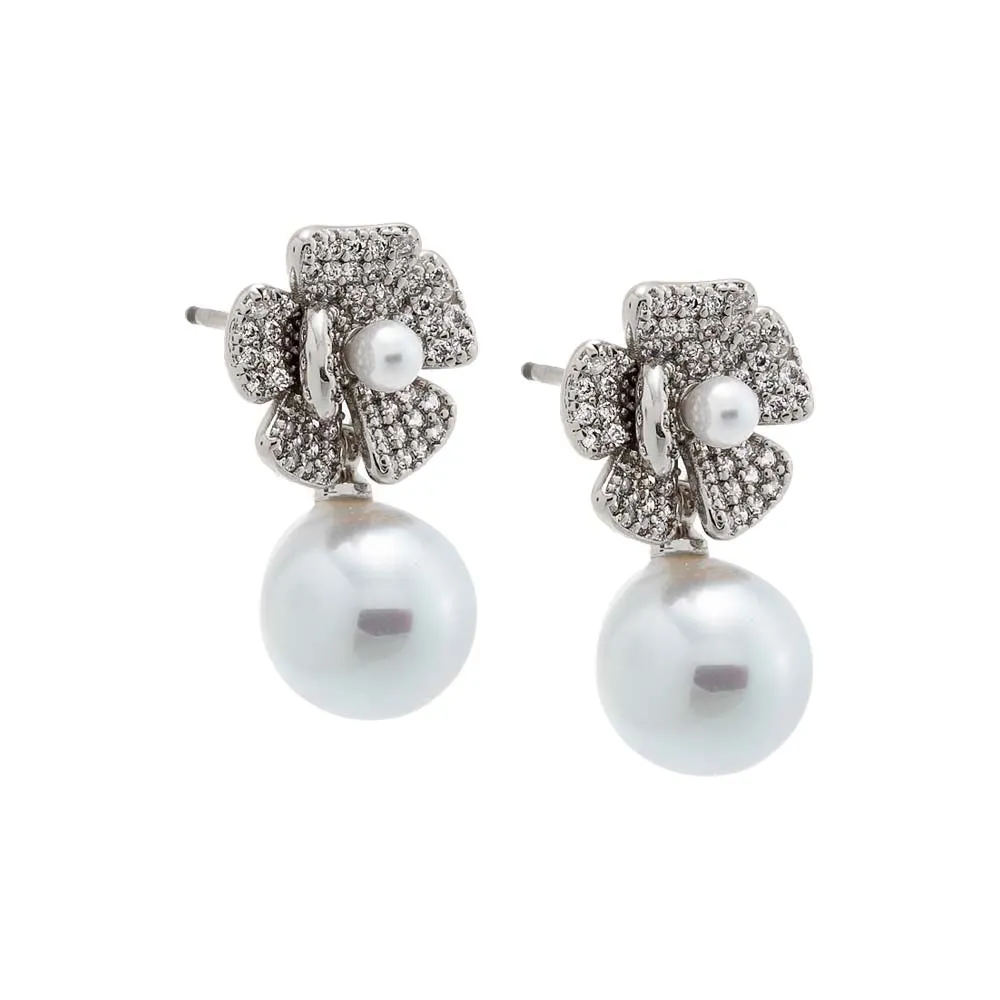 Pave Dangling Flower Pearl Stud Earring sold by Adina Eden's product image thumbnail 3