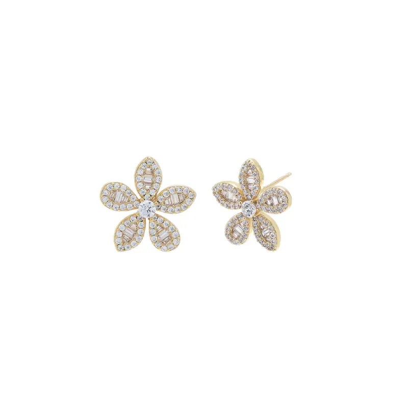Pave CZ X Baguete Flower Stud Earring sold by Adina Eden's