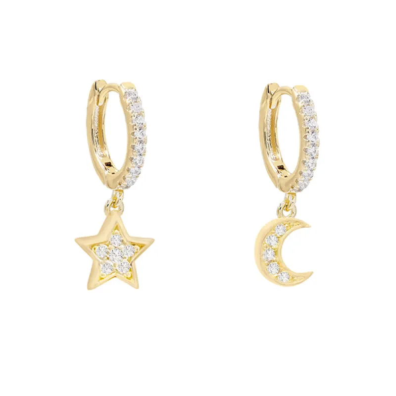 Pavé Moon X Star Huggie Earring sold by Adina Eden's