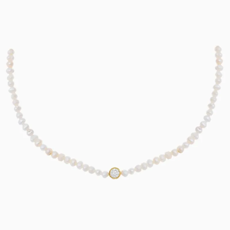 CZ Solitaire Bezel Pearl Choker sold by Adina Eden's