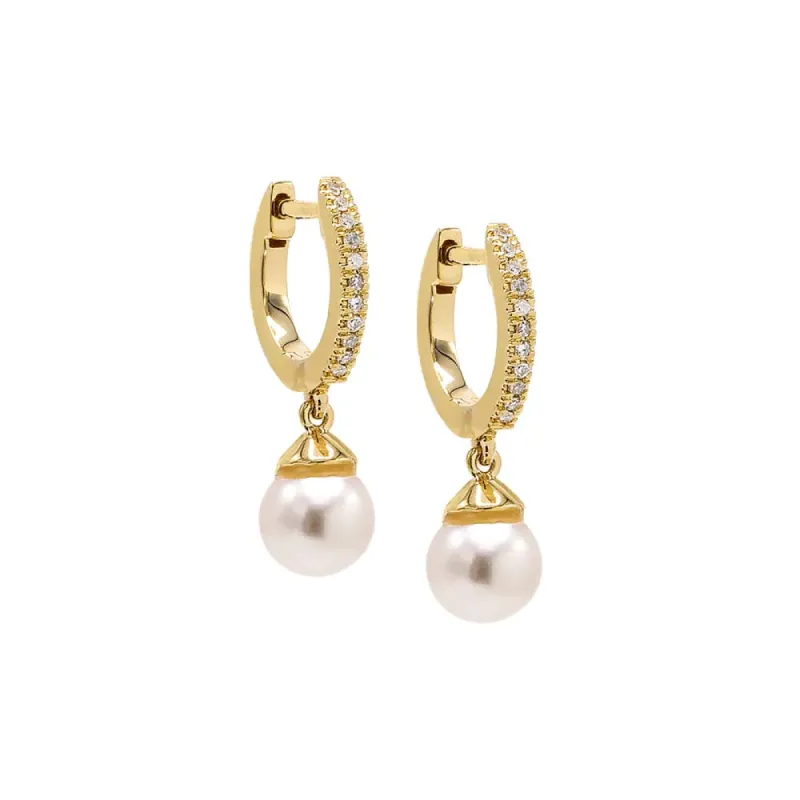 Tiny Dangling Pearl Diamond Huggie Earring 14K sold by Adina Eden's