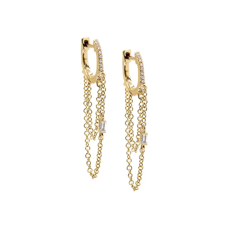 Diamond Baguette Double Chain Huggie Earring 14K sold by Adina Eden's