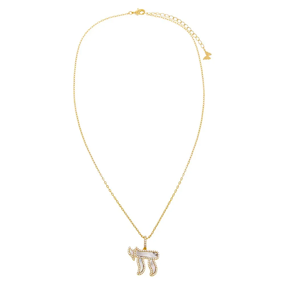 Pave Outlined Mother Of Pearl Chai Pendant Necklace sold by Adina Eden's product image thumbnail 4