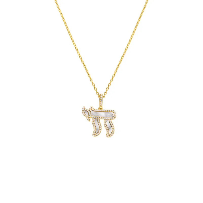 Pave Outlined Mother Of Pearl Chai Pendant Necklace sold by Adina Eden's