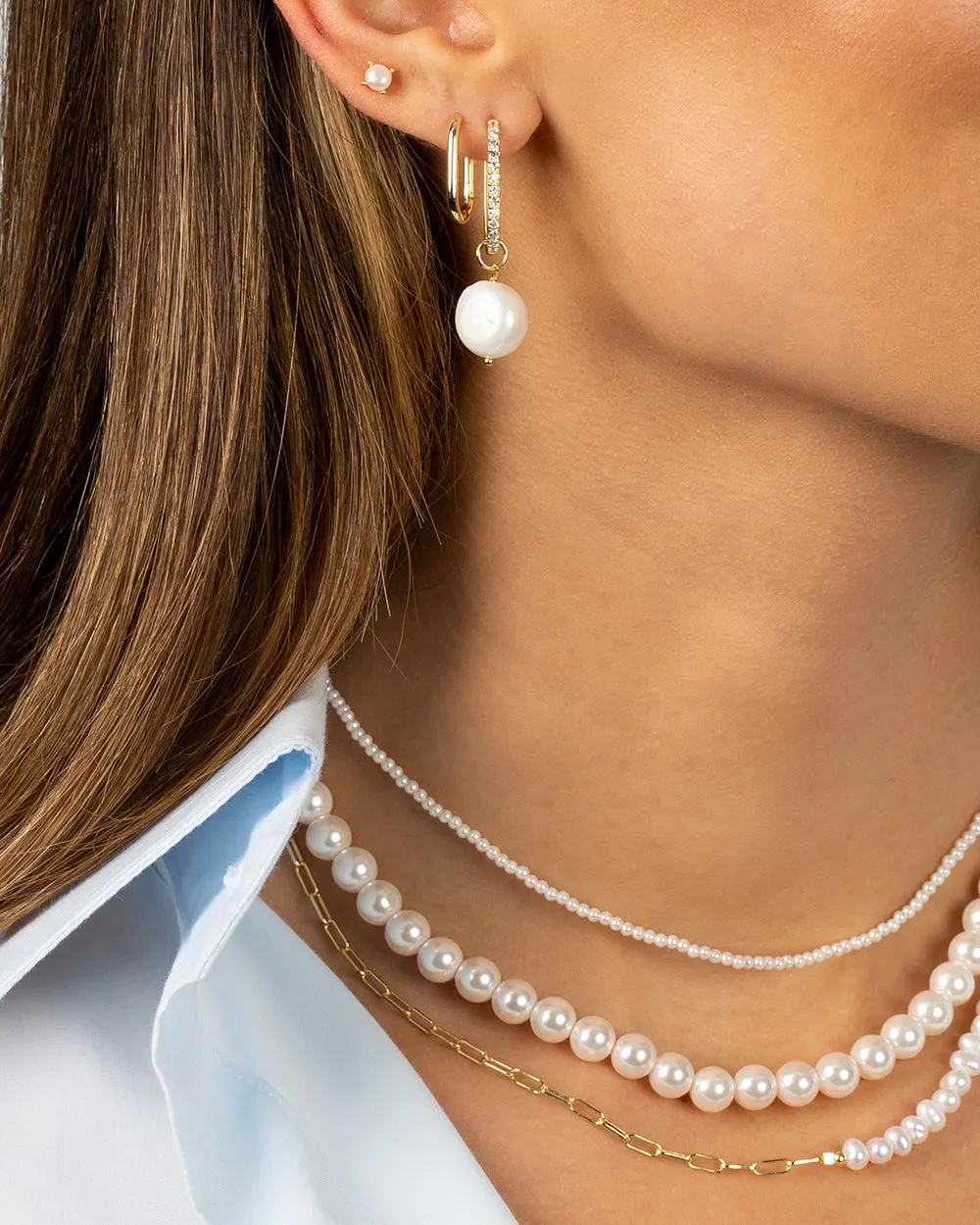 Pavé Oval Shape Dangling Pearl Huggie Earring sold by Adina Eden's product image thumbnail 5