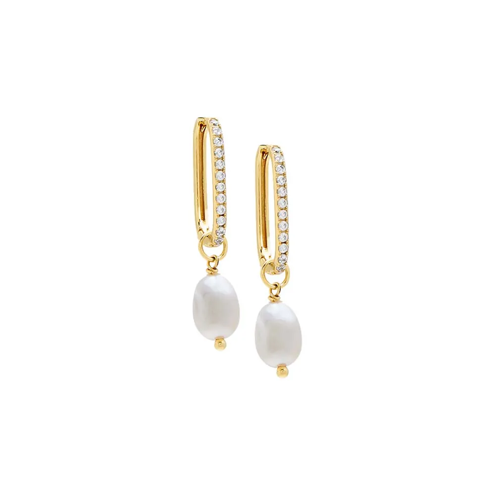 Pavé Oval Shape Dangling Pearl Huggie Earring sold by Adina Eden's