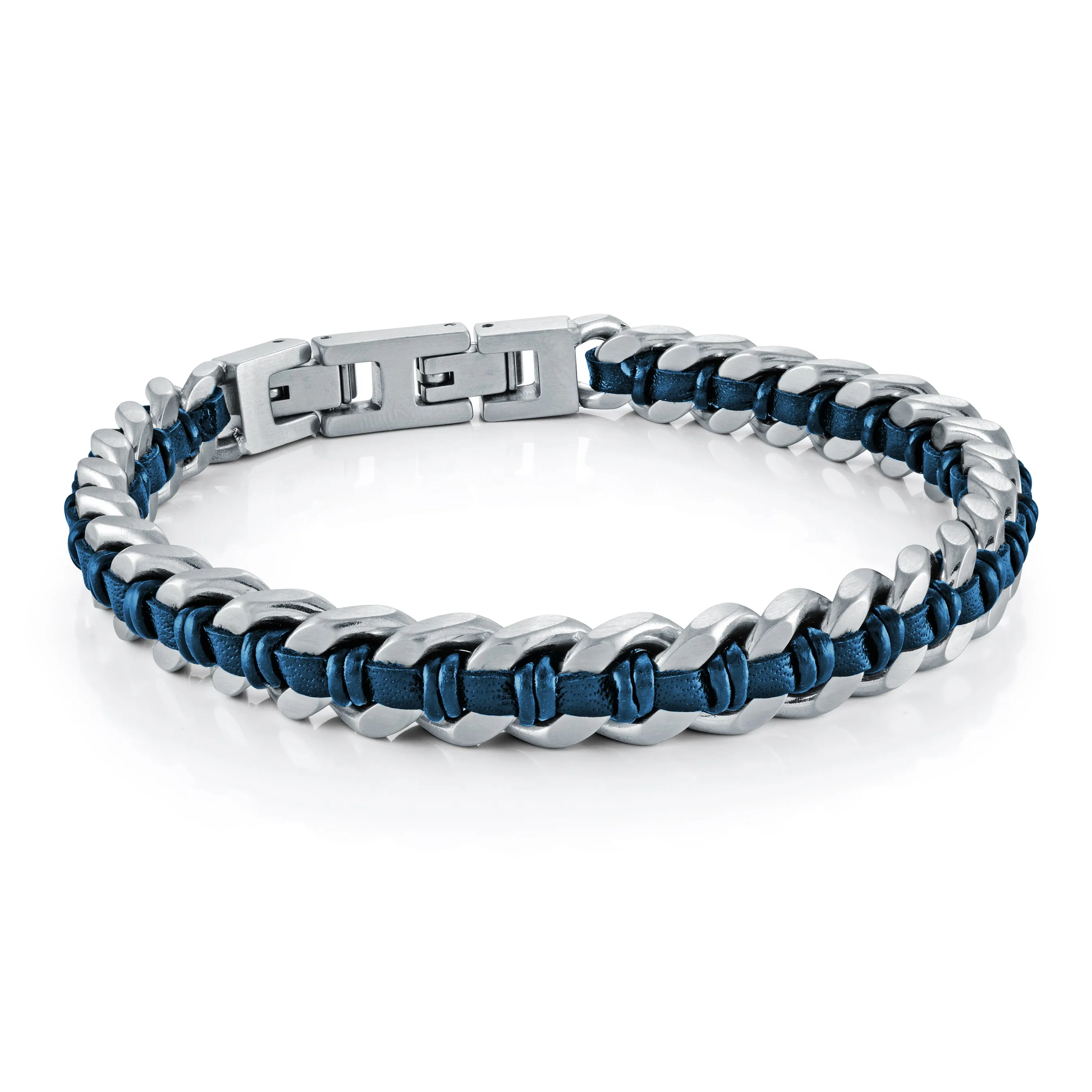 Steel Matte Curb Link Blue Leather Bracelet sold by Adina Eden's