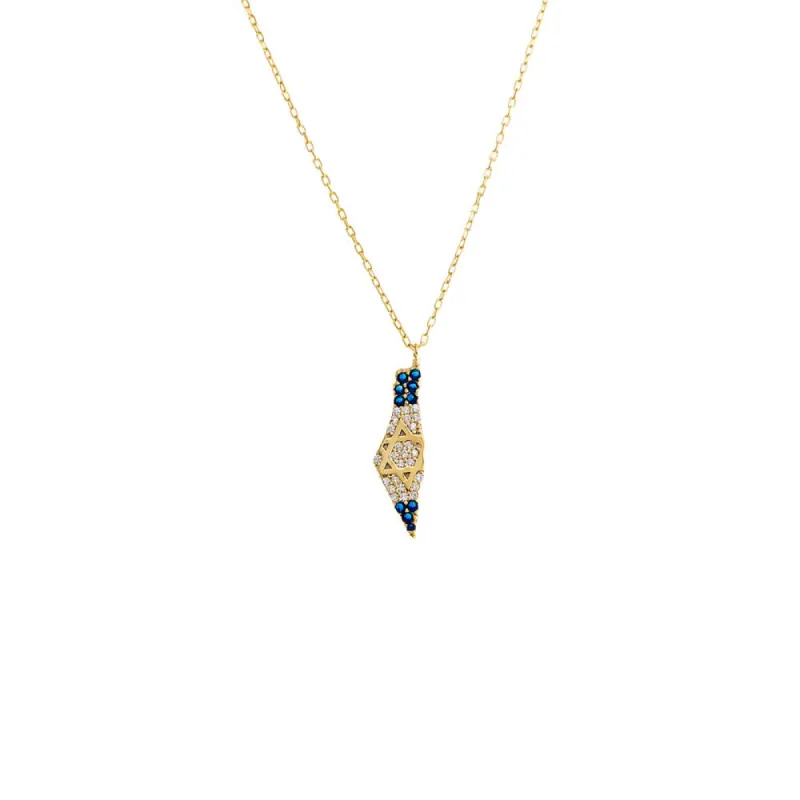 Pave CZ X Sapphire Blue Map Of Israel Necklace sold by Adina Eden's