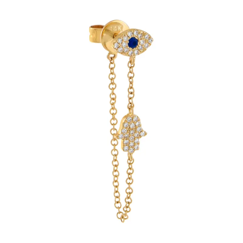 Diamond Hamsa X Evil Eye Chain Stud Earring 14K sold by Adina Eden's