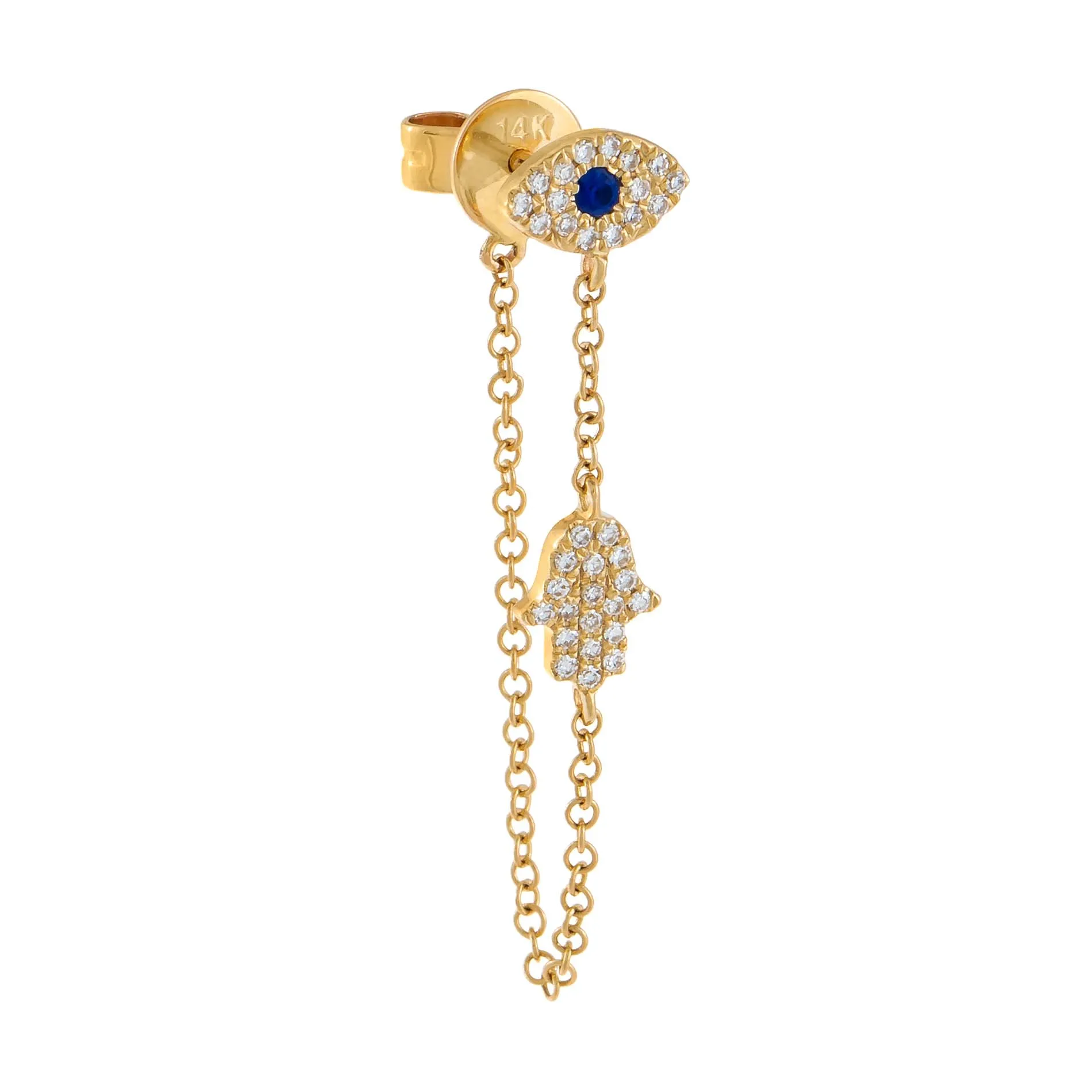 Diamond Hamsa X Evil Eye Chain Stud Earring 14K sold by Adina Eden's