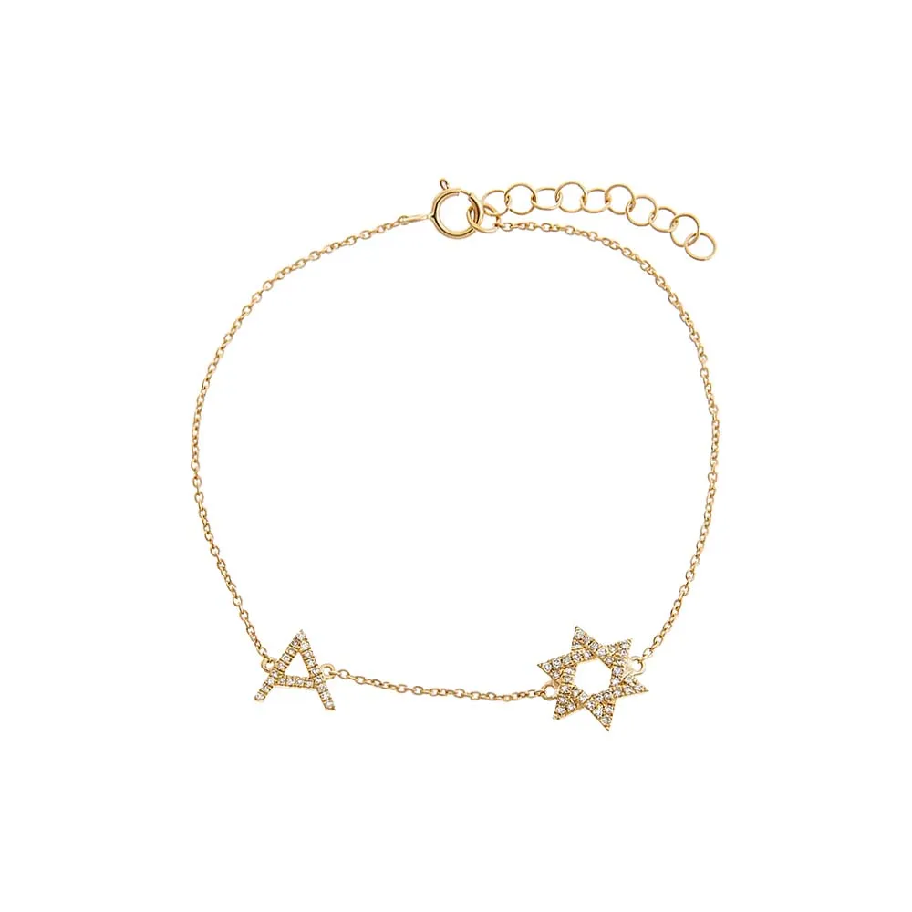 Diamond Pave Star Of David Initial Bracelet 14K sold by Adina Eden's