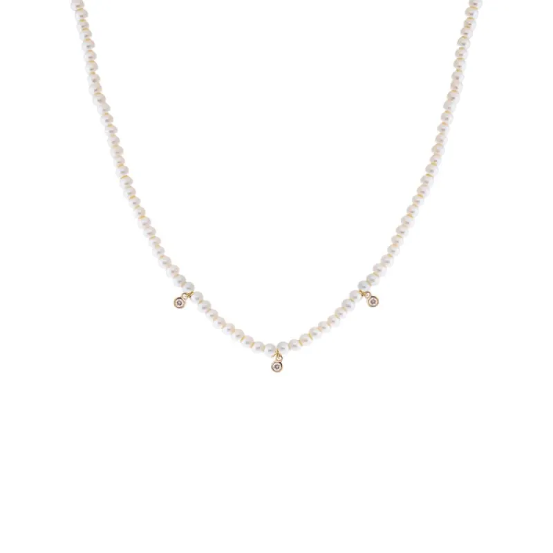Triple Diamond Bezel Pearl Necklace 14K sold by Adina Eden's