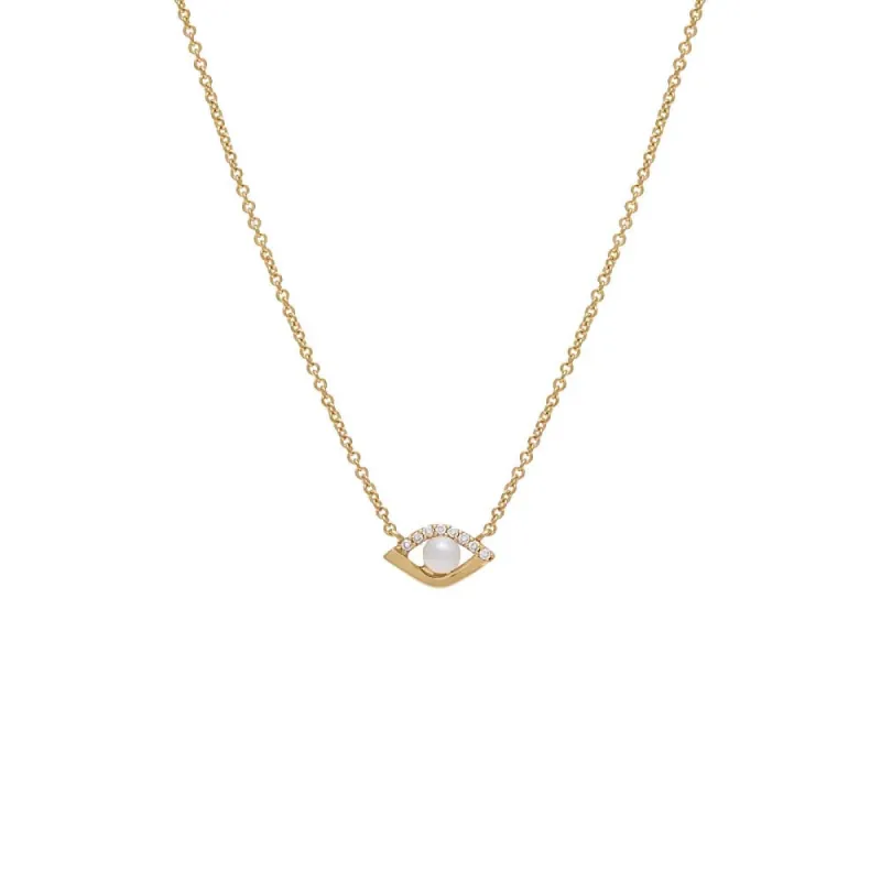 Mini Diamond X Pearl Evil Eye Necklace 14K sold by Adina Eden's