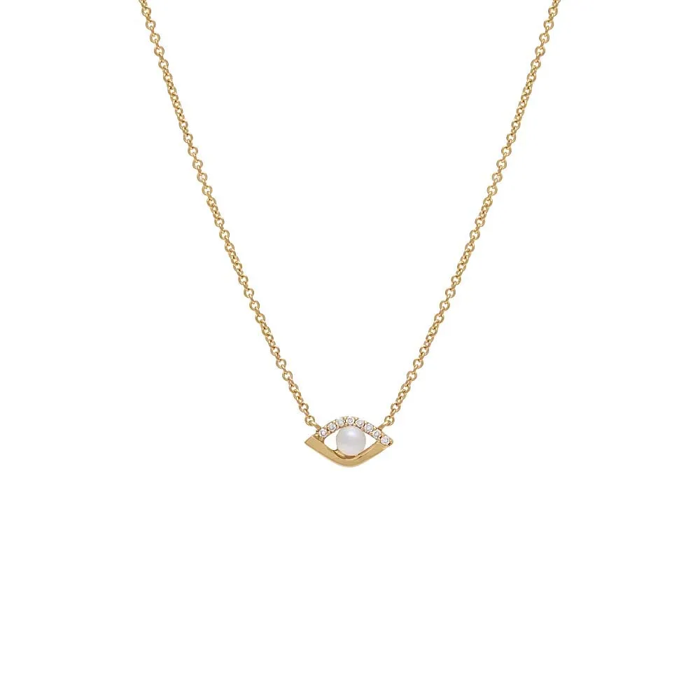 Mini Diamond X Pearl Evil Eye Necklace 14K sold by Adina Eden's