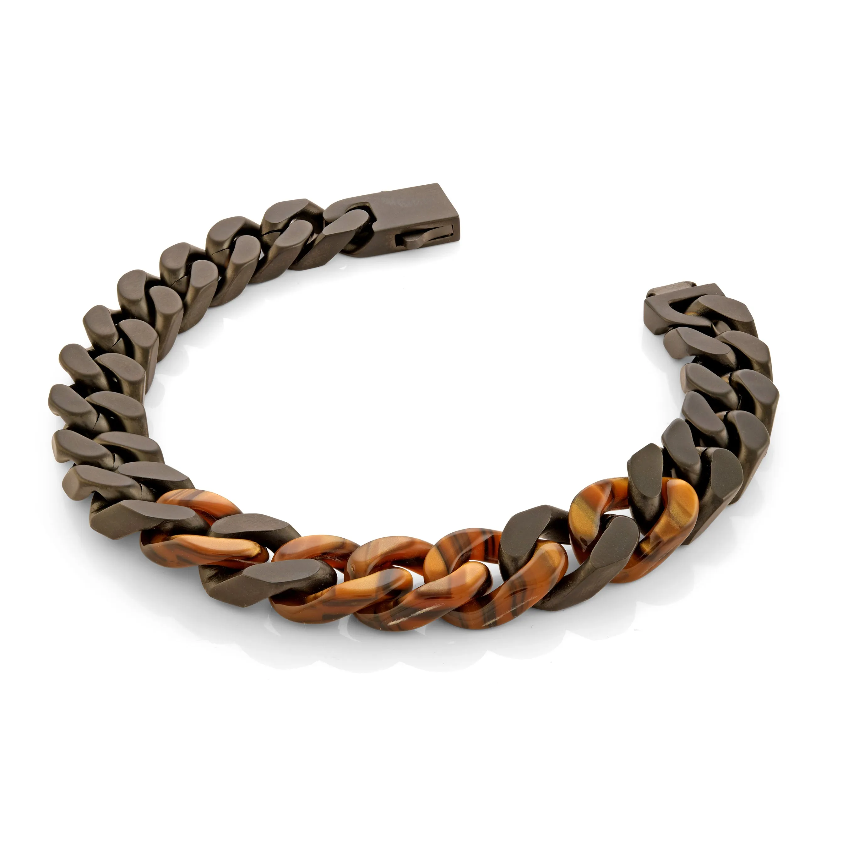 Black Matte Steel Tiger Eye Acetate Curb Link Bracelet sold by Adina Eden's