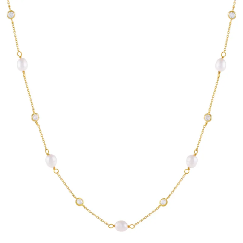 CZ Bezel X Pearl Necklace sold by Adina Eden's