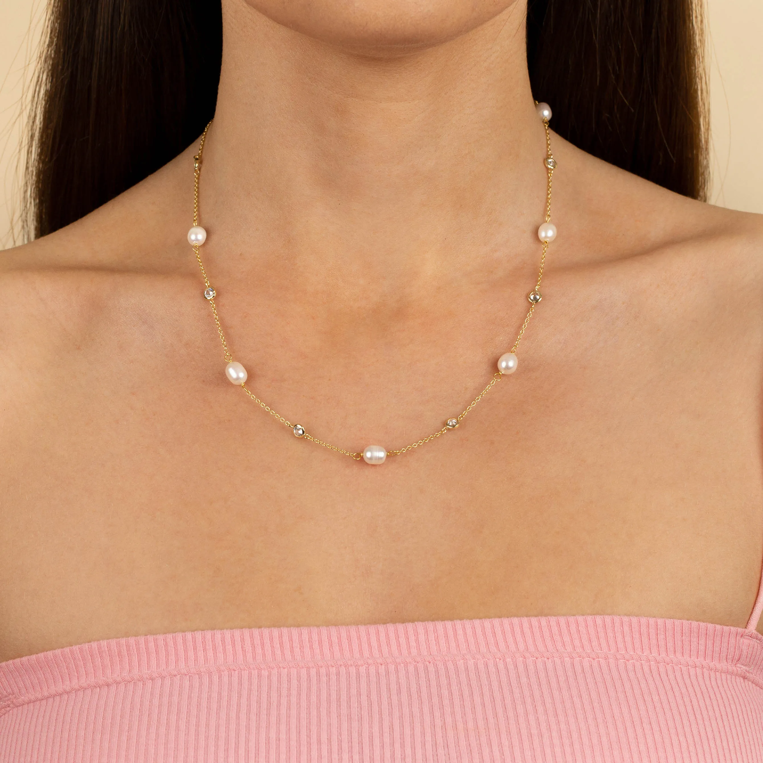 CZ Bezel X Pearl Necklace sold by Adina Eden's product image thumbnail 2