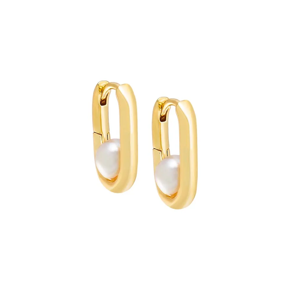 Solid Oval X Pearl Huggie Earring sold by Adina Eden's