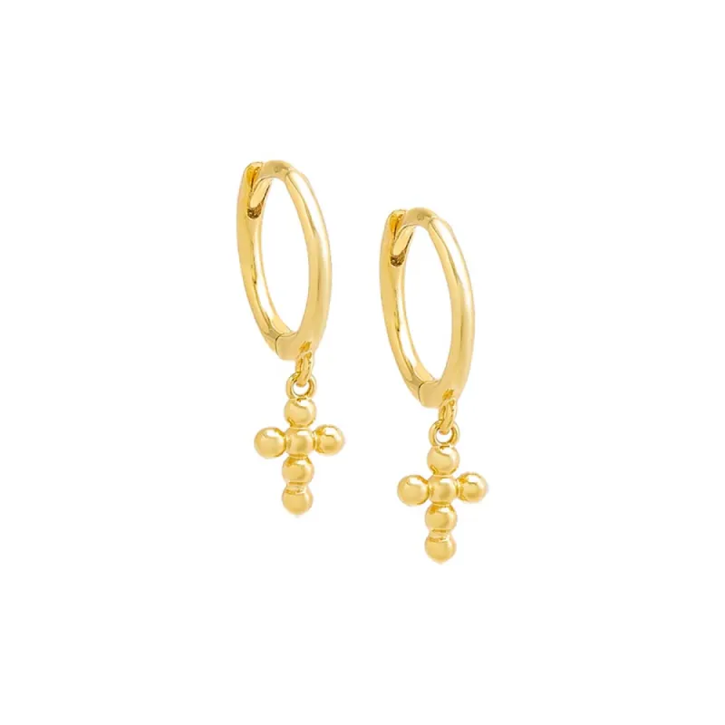 Solid Beaded Dangling Cross Huggie Earring sold by Adina Eden's