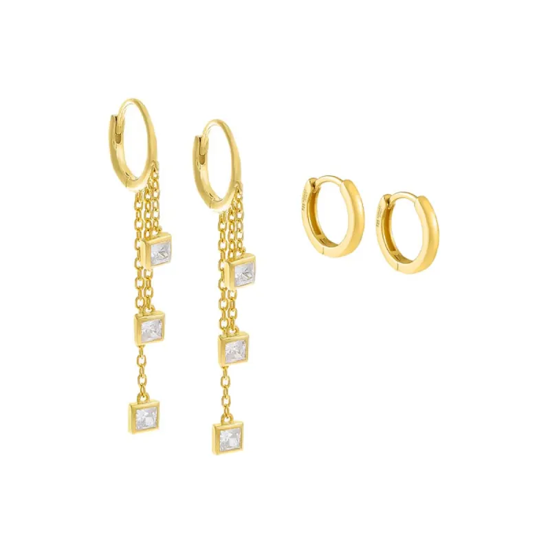 Square Bezel Multi Chain Drop Huggie Earring Combo Set sold by Adina Eden's