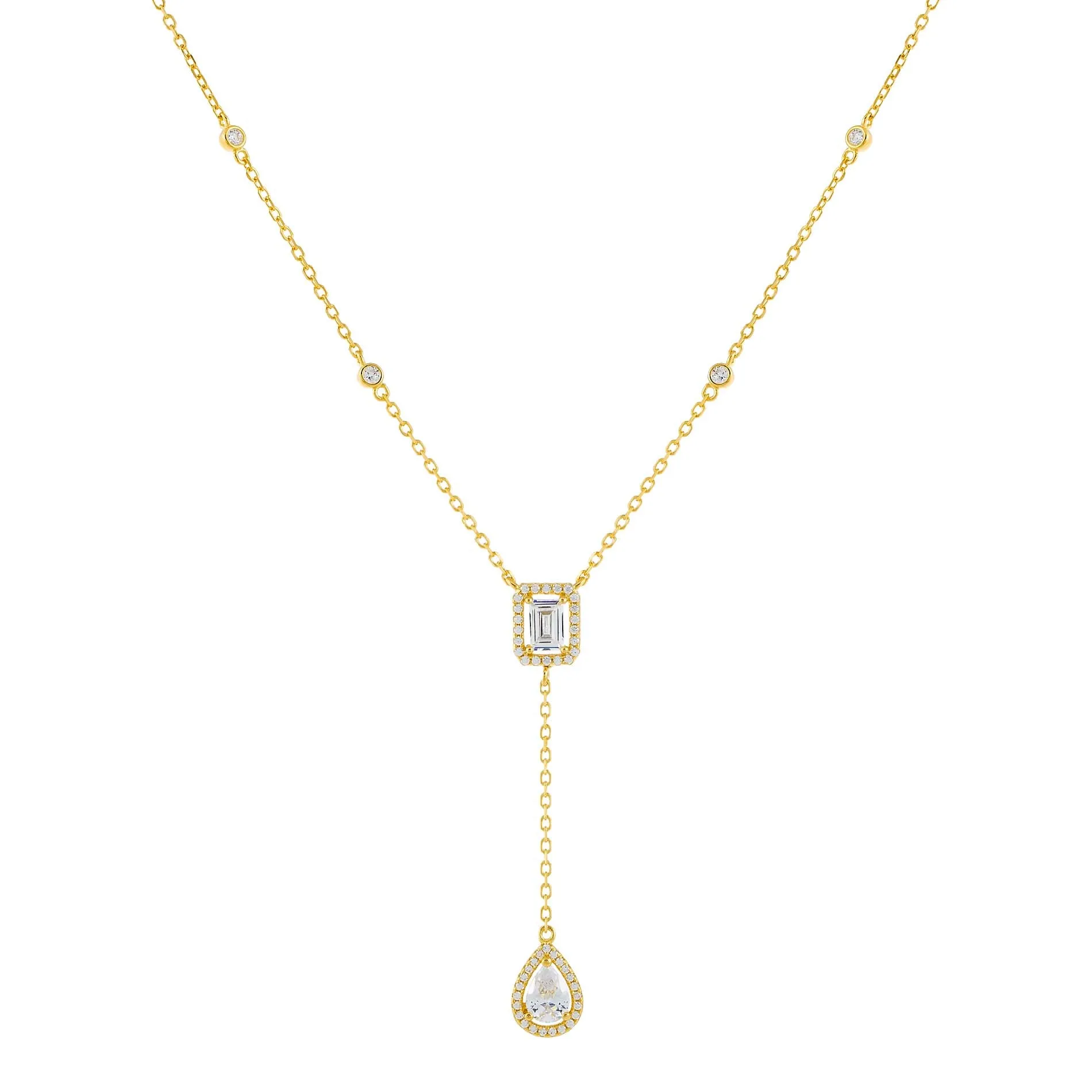 CZ Teardrop X Baguette Lariat sold by Adina Eden's