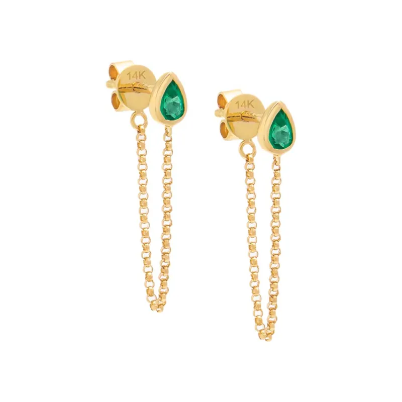 Emerald Green Teardrop Bezel Front Back Chain Stud Earring 14K sold by Adina Eden's