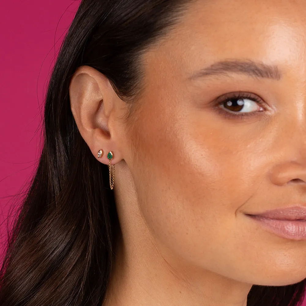 Emerald Green Teardrop Bezel Front Back Chain Stud Earring 14K sold by Adina Eden's product image thumbnail 2