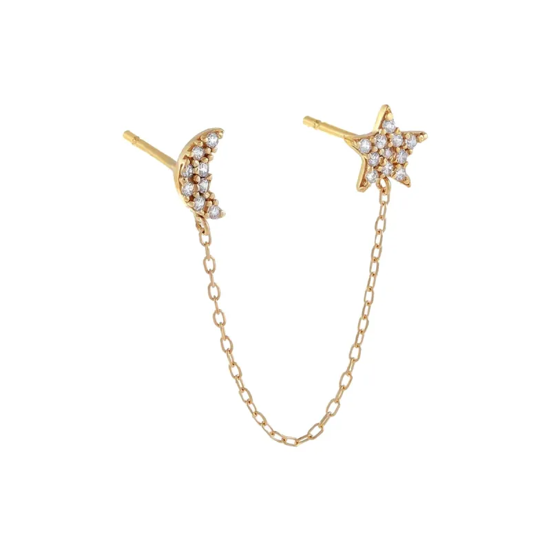 Pavé Moon X Star Chain Stud Earring 14K sold by Adina Eden's