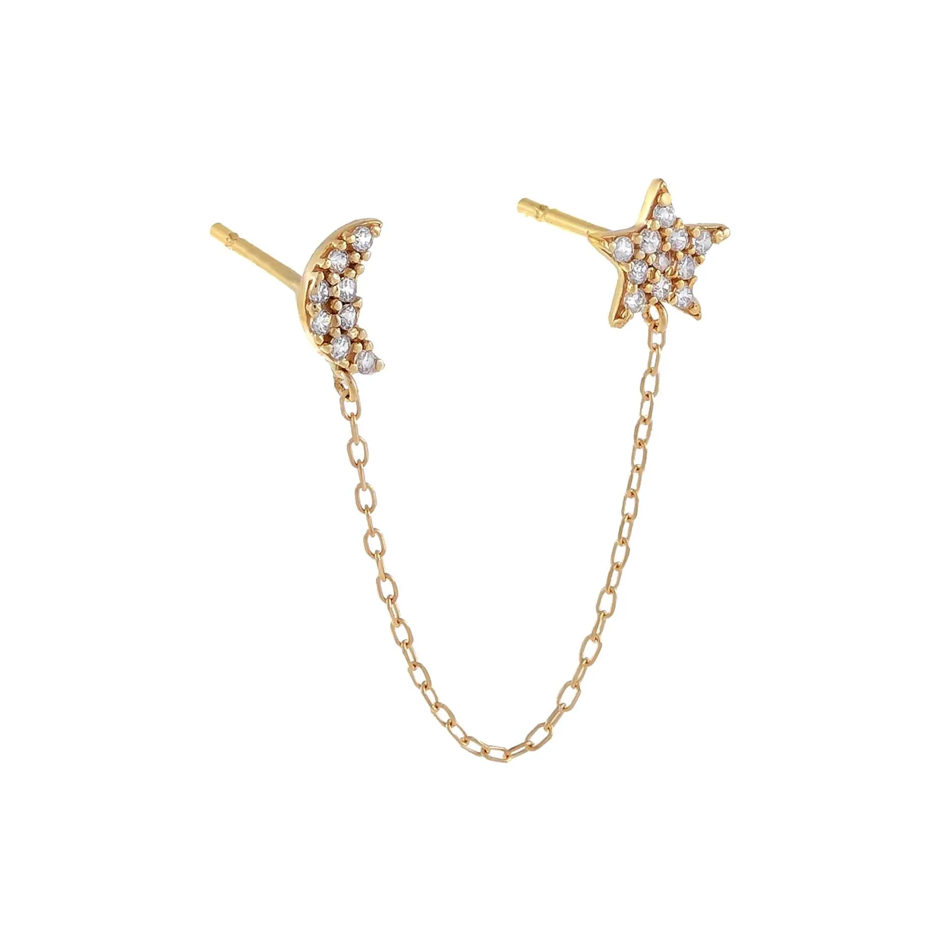 Pavé Moon X Star Chain Stud Earring 14K sold by Adina Eden's