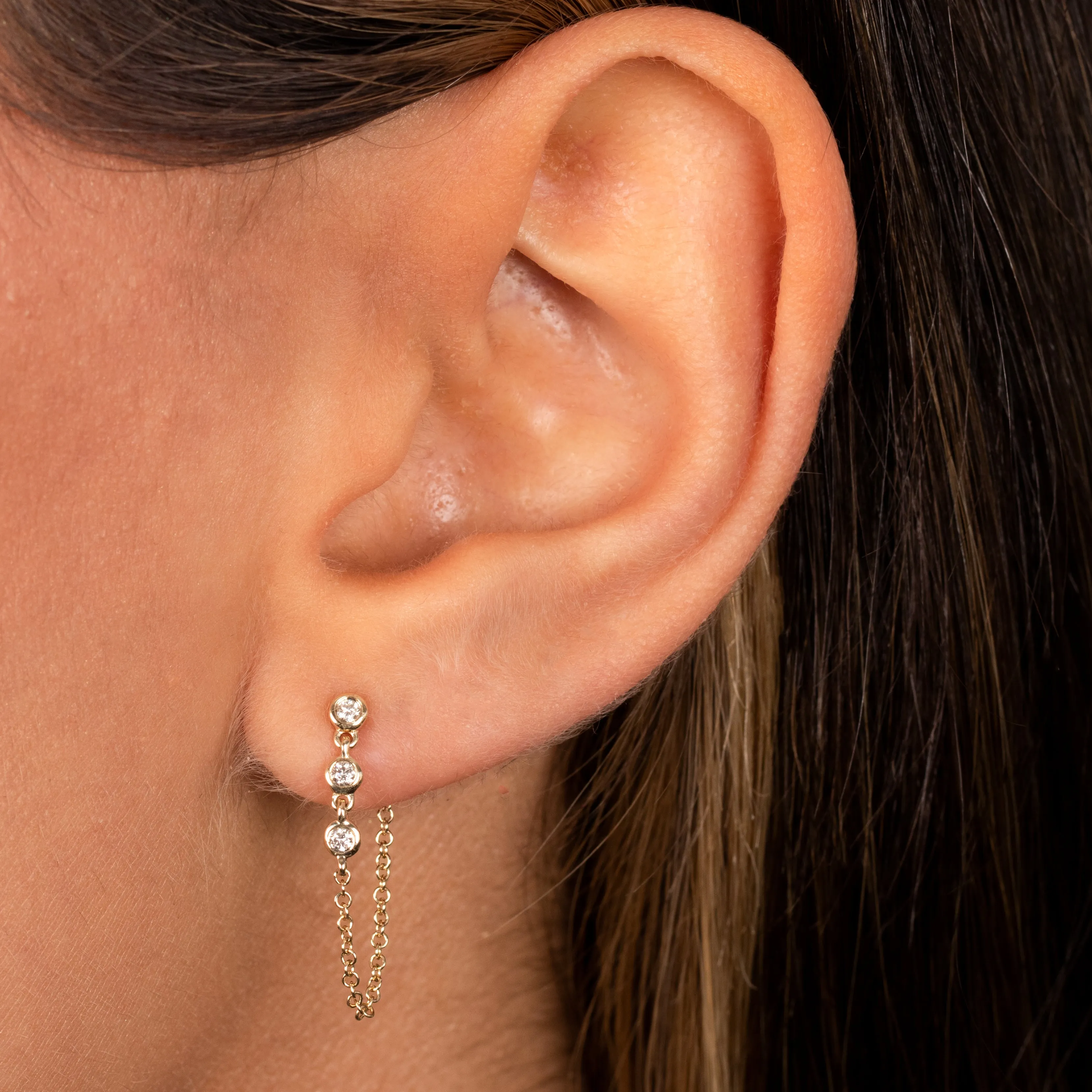Triple Diamond Bezel Front Back Chain Stud Earring 14K sold by Adina Eden's product image thumbnail 2