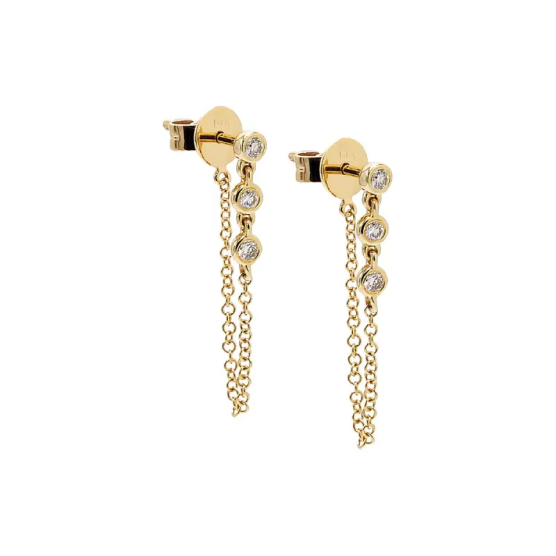 Triple Diamond Bezel Front Back Chain Stud Earring 14K sold by Adina Eden's