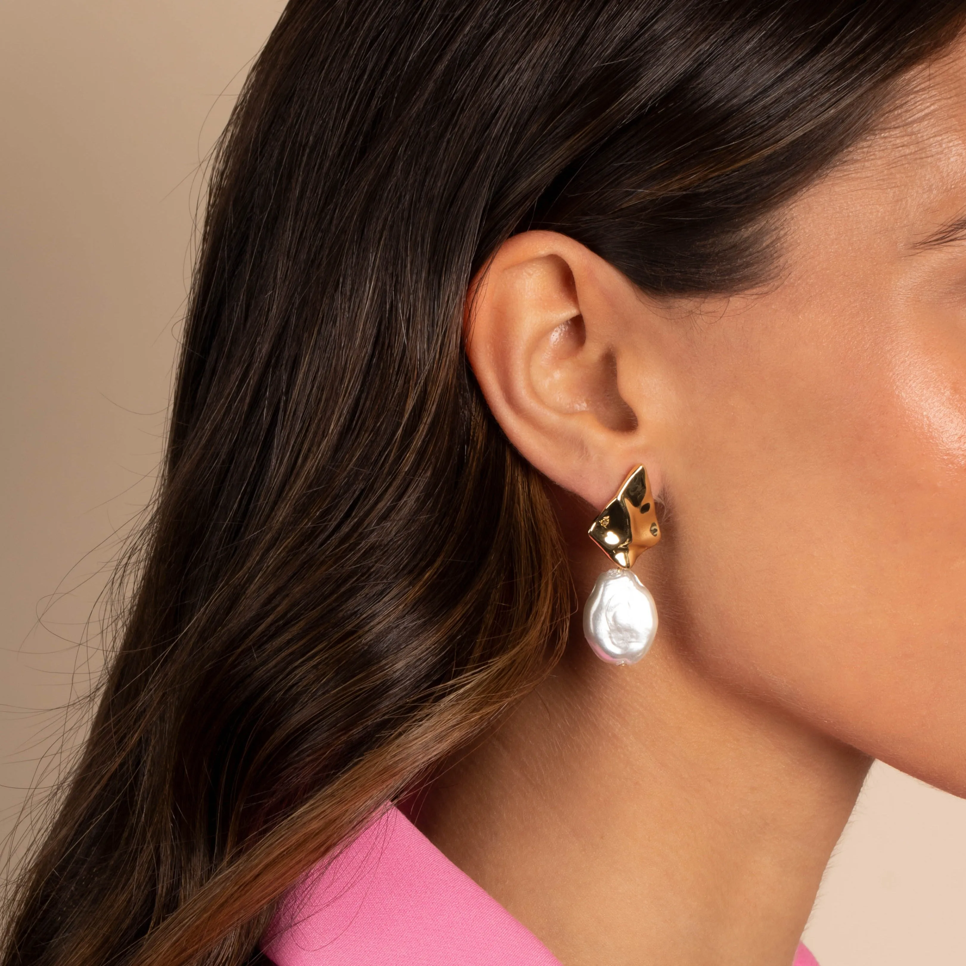 Textured Gold X Baroque Pearl Drop Stud Earring sold by Adina Eden's product image thumbnail 2