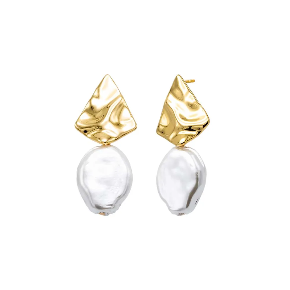 Textured Gold X Baroque Pearl Drop Stud Earring sold by Adina Eden's