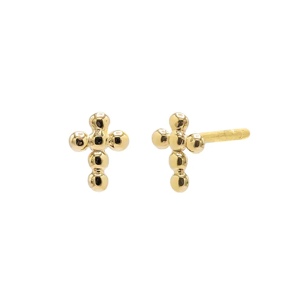 Mini Solid Beaded Cross Stud Earring 14K sold by Adina Eden's