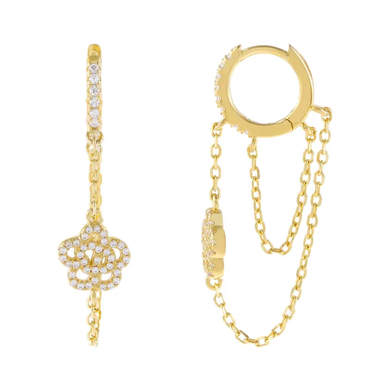 CZ Rose Flower Double Chain Huggie Earring sold by Adina Eden's