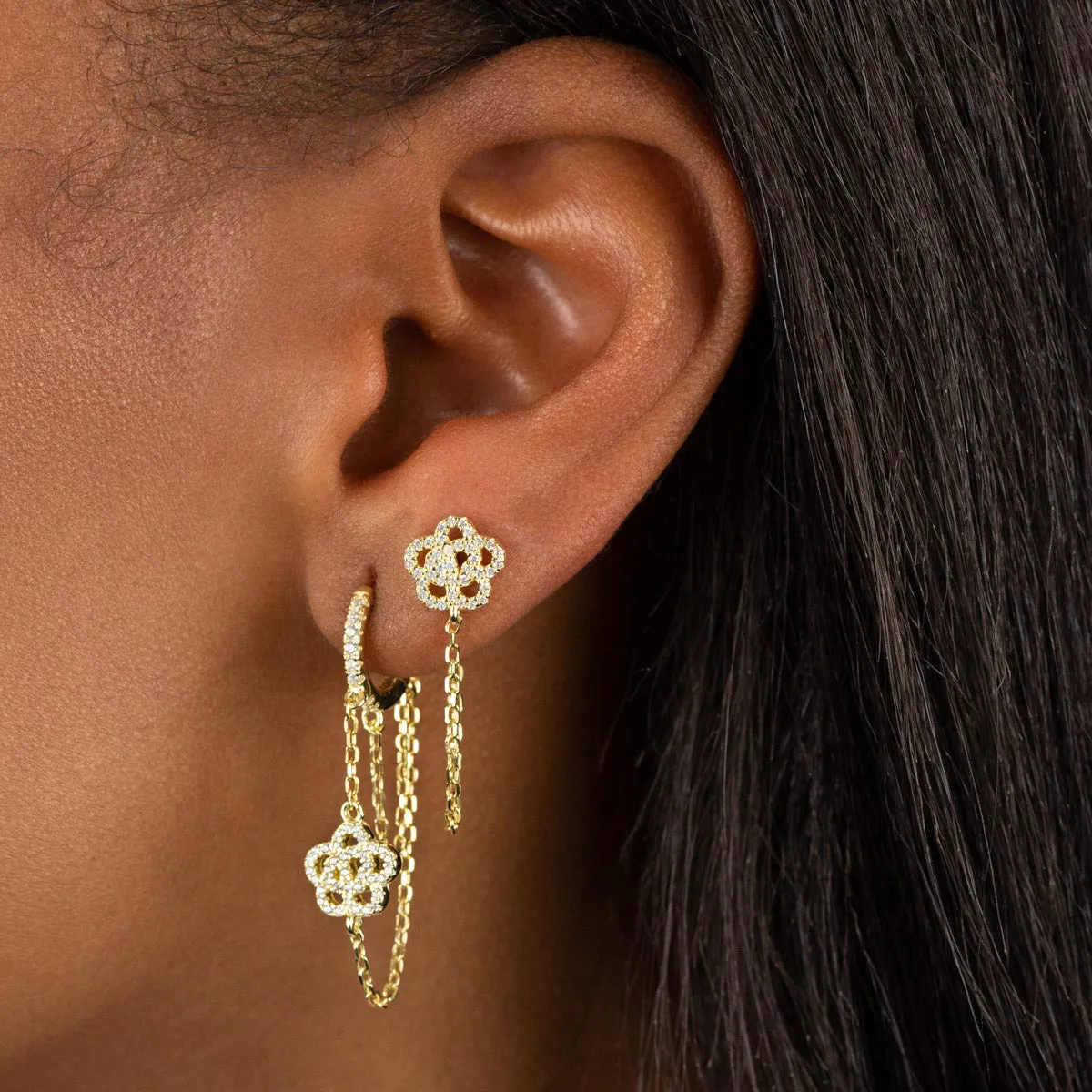 CZ Rose Flower Double Chain Huggie Earring sold by Adina Eden's product image thumbnail 2