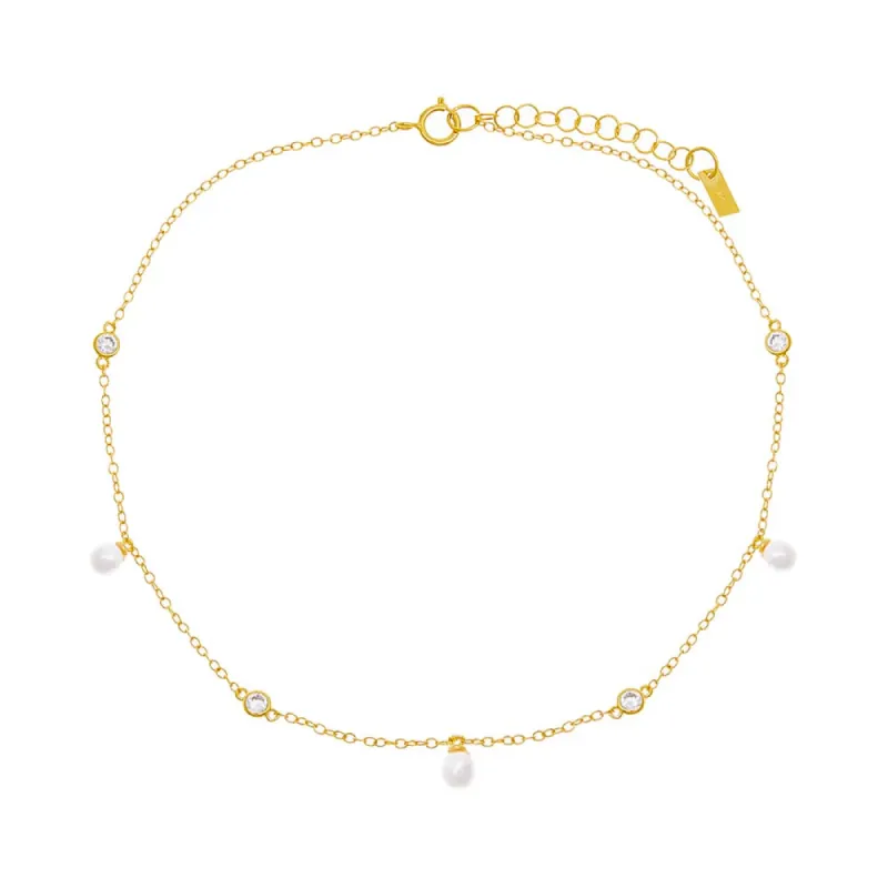 CZ Bezel X Dangling Pearl Anklet sold by Adina Eden's