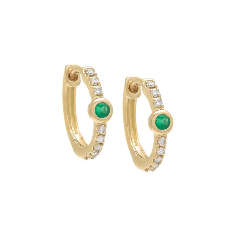 Diamond Gemstone Bezel Huggie Earring 14K sold by Adina Eden's