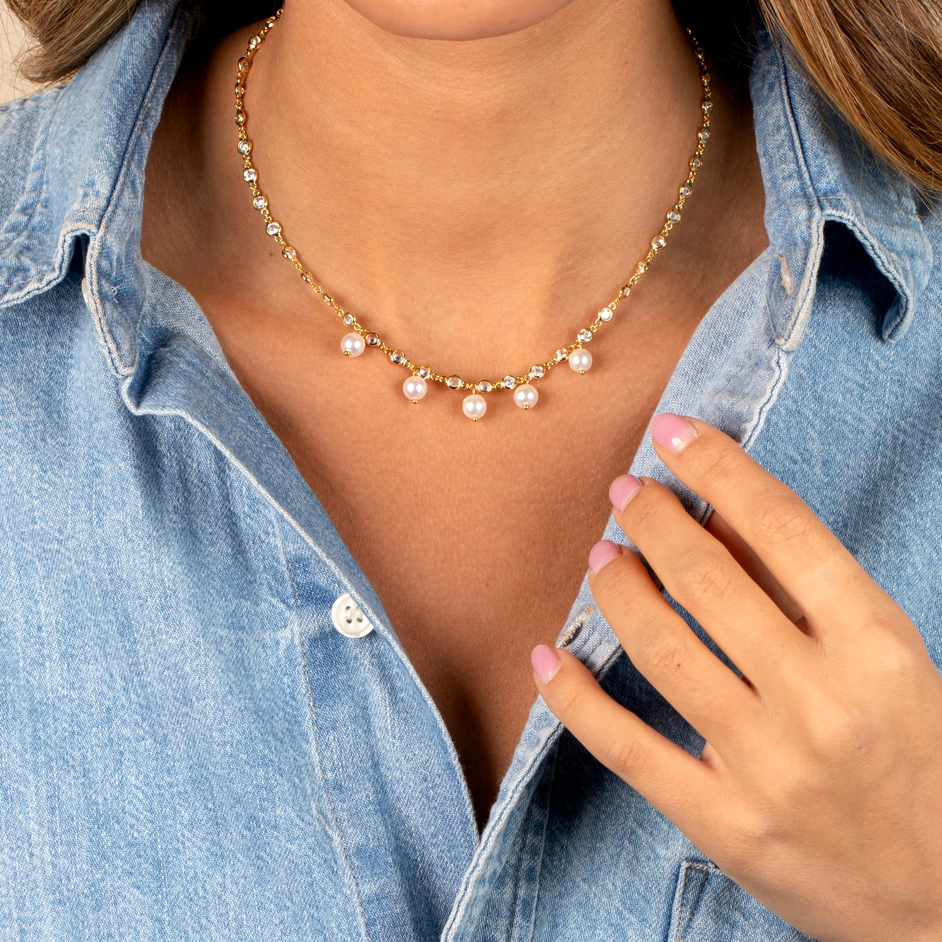 Multi CZ Dangling Pearl Chain Necklace sold by Adina Eden's product image thumbnail 2