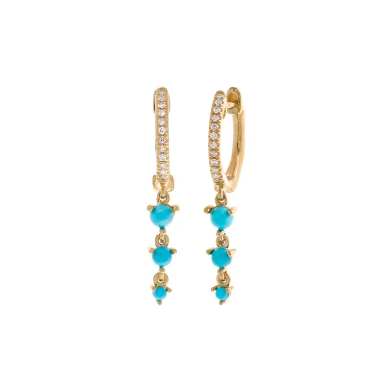 Diamond Pave X Turquoise Triple Drop Huggie Earring 14K sold by Adina Eden's