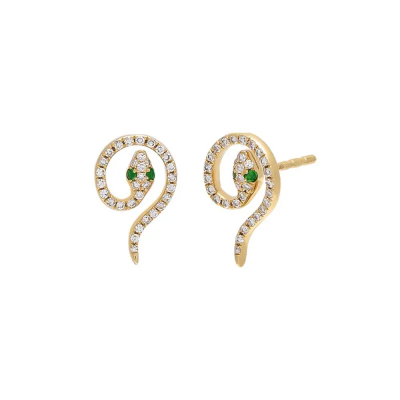 Green Eyed Diamond Serpent Stud Earring 14K sold by Adina Eden's