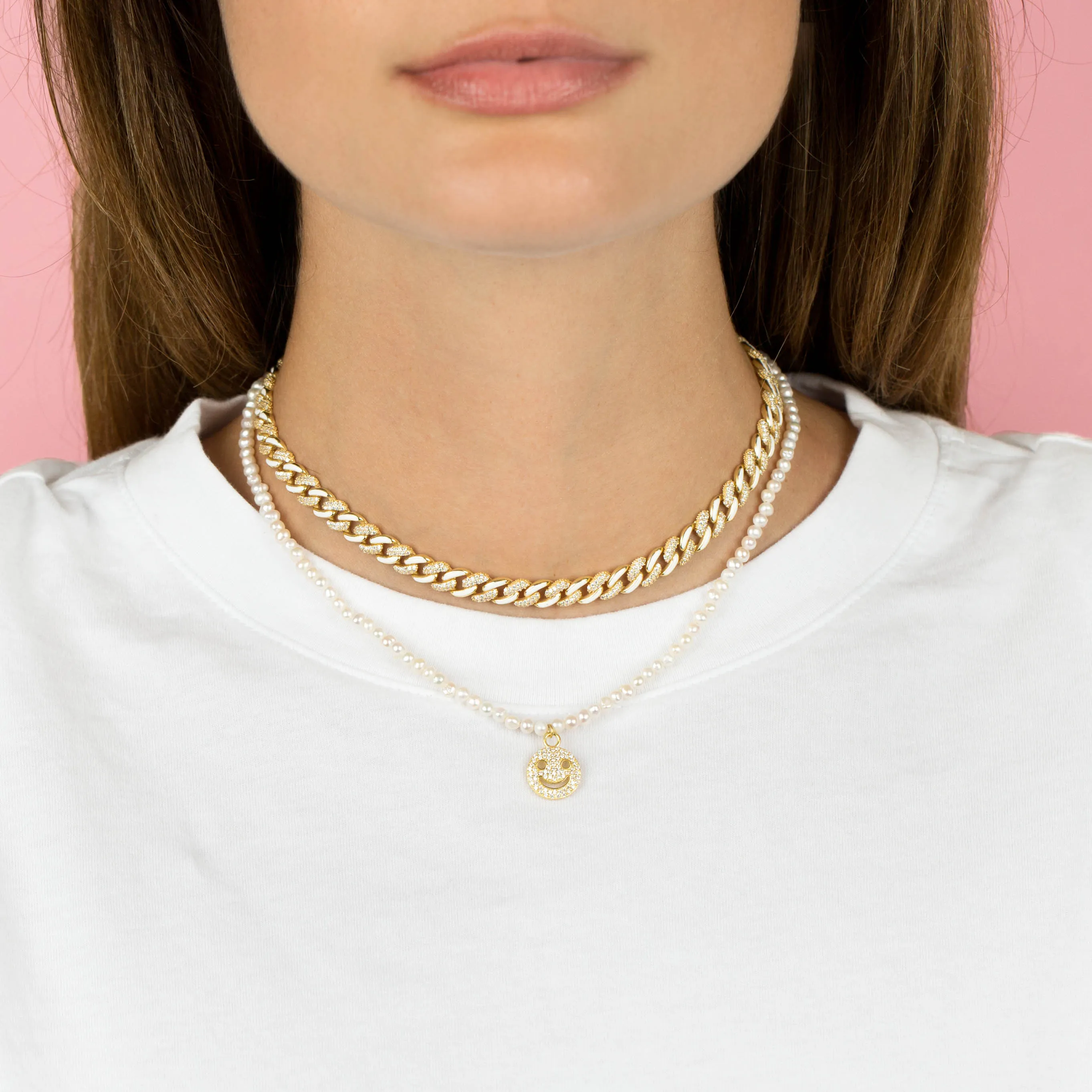 Pavé Smiley Face Pearl Necklace sold by Adina Eden's product image thumbnail 2