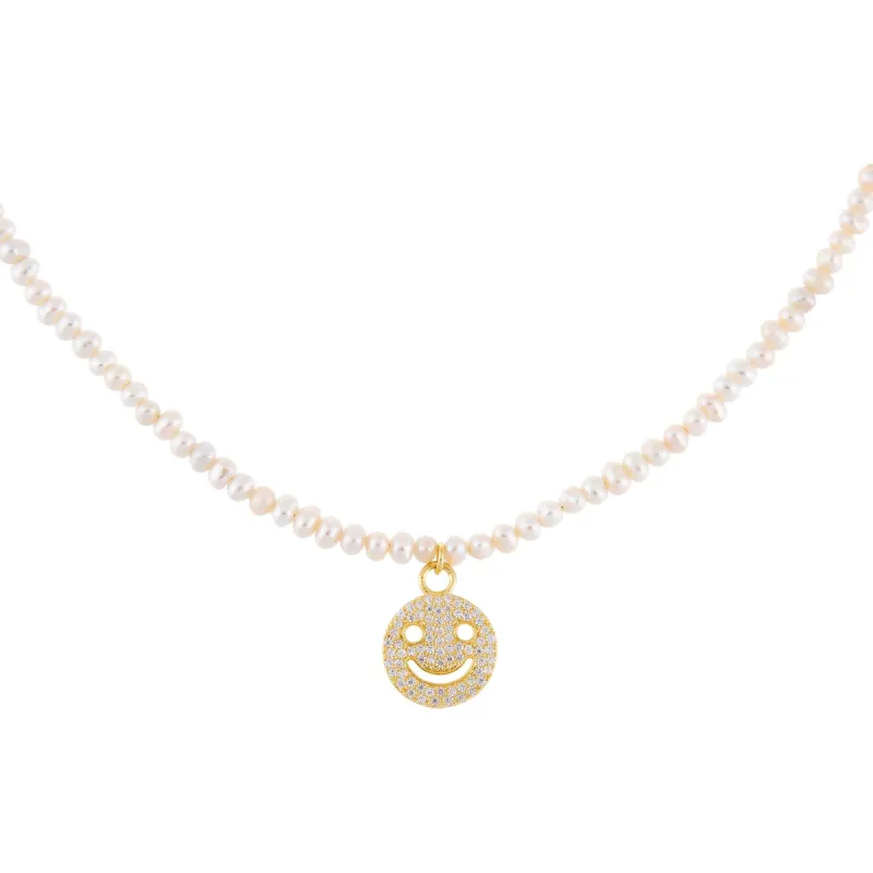 Pavé Smiley Face Pearl Necklace sold by Adina Eden's