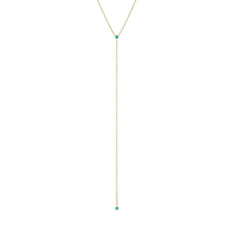 Turquoise Double Solitaire Bezel Lariat Necklace 14K sold by Adina Eden's