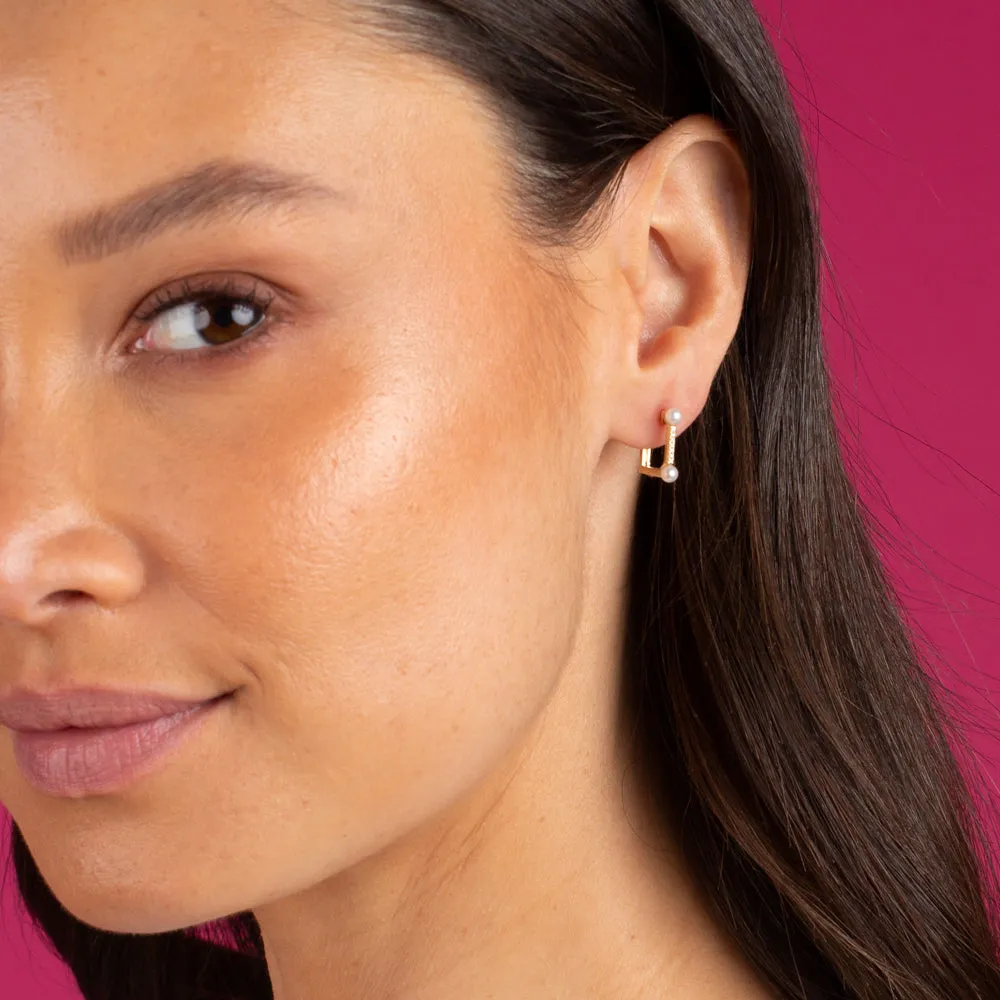 Diamond Square Double Pearl Huggie Earring 14K sold by Adina Eden's product image thumbnail 2