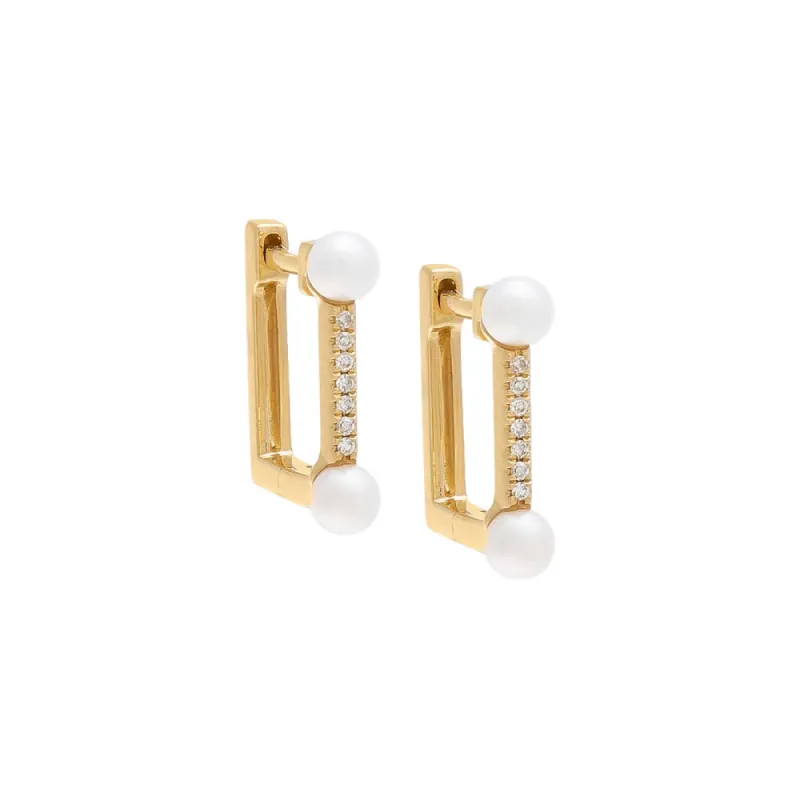 Diamond Square Double Pearl Huggie Earring 14K sold by Adina Eden's